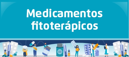 A arte tem o título "Medicamentos fitoterápicos" na parte de cima e embaixo pessoas segurando cartelas de remédios. 